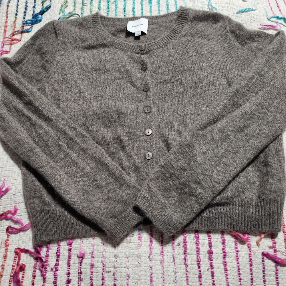 Reformation Brown Knit Cardigan Sweater Womens Large Button Front Crew Cropped